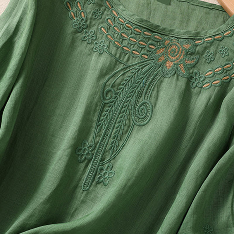 Buddha Stonesアーティスティック 無地 花柄 刺繍デザイン クルーネック パフ 半袖 コットン リネン レディース Tシャツ - image 22