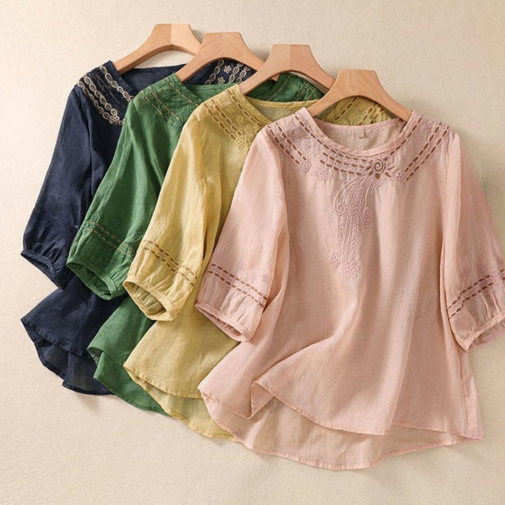 Buddha Stonesアーティスティック 無地 花柄 刺繍デザイン クルーネック パフ 半袖 コットン リネン レディース Tシャツ - image 25