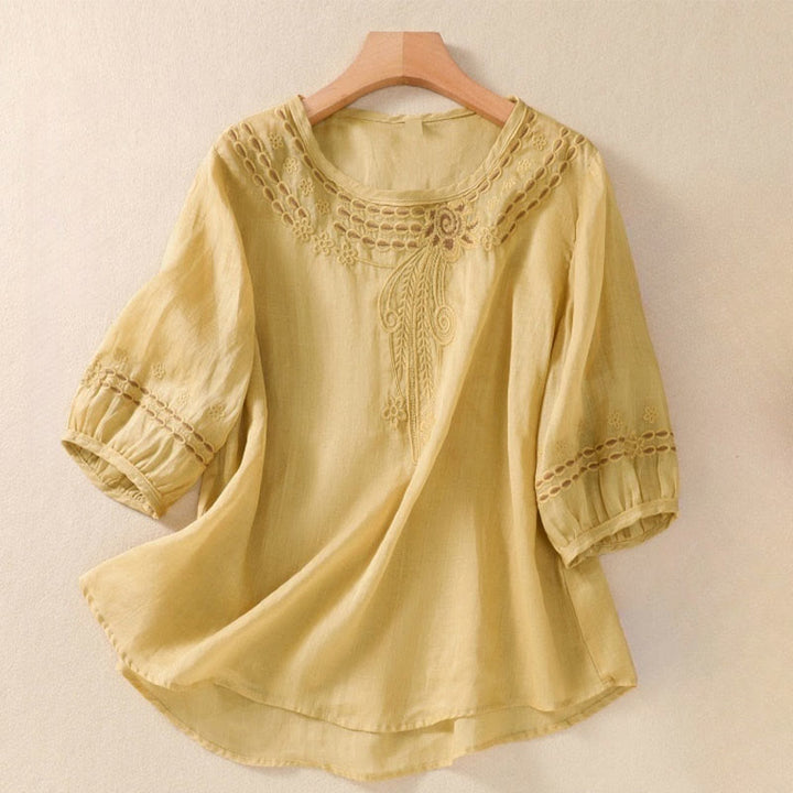 Buddha Stonesアーティスティック 無地 花柄 刺繍デザイン クルーネック パフ 半袖 コットン リネン レディース Tシャツ - カーキ - US8-10，UK/AU12-14，EU40-42 (2XL) - image 12