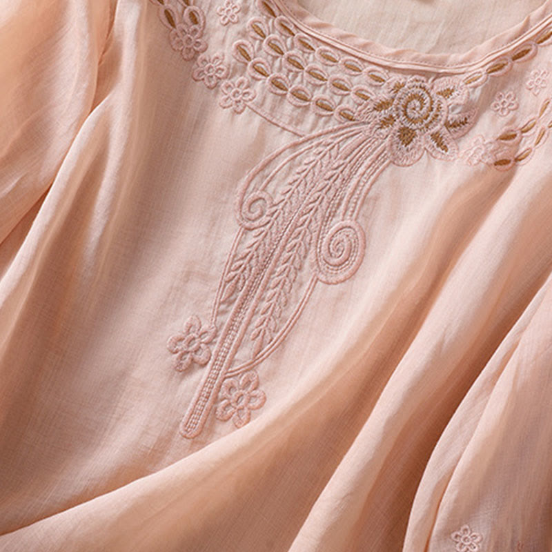 Buddha Stonesアーティスティック 無地 花柄 刺繍デザイン クルーネック パフ 半袖 コットン リネン レディース Tシャツ - image 6