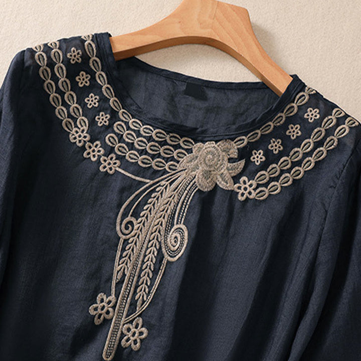 Buddha Stonesアーティスティック 無地 花柄 刺繍デザイン クルーネック パフ 半袖 コットン リネン レディース Tシャツ - image 2