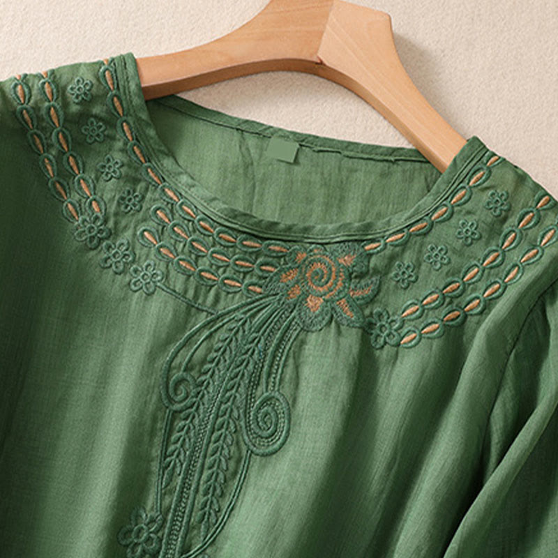 Buddha Stonesアーティスティック 無地 花柄 刺繍デザイン クルーネック パフ 半袖 コットン リネン レディース Tシャツ - image 20