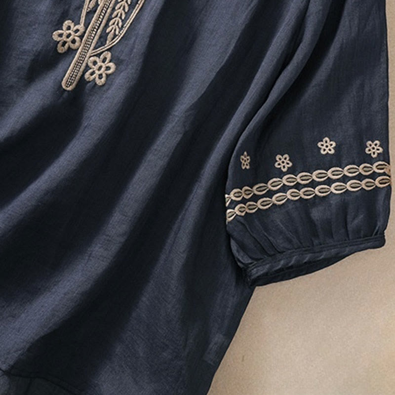 Buddha Stonesアーティスティック 無地 花柄 刺繍デザイン クルーネック パフ 半袖 コットン リネン レディース Tシャツ - image 3