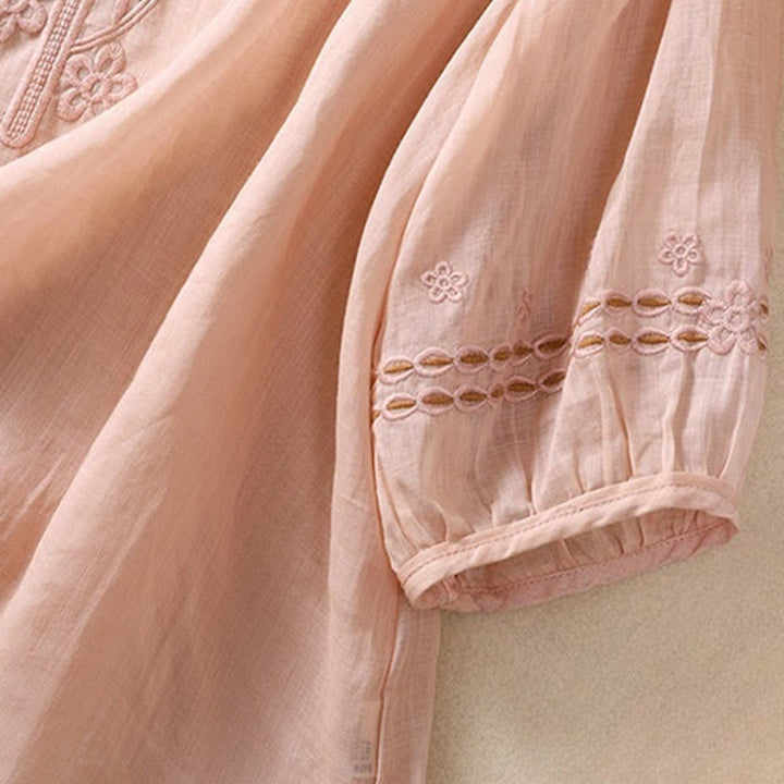 Buddha Stonesアーティスティック 無地 花柄 刺繍デザイン クルーネック パフ 半袖 コットン リネン レディース Tシャツ - image 9