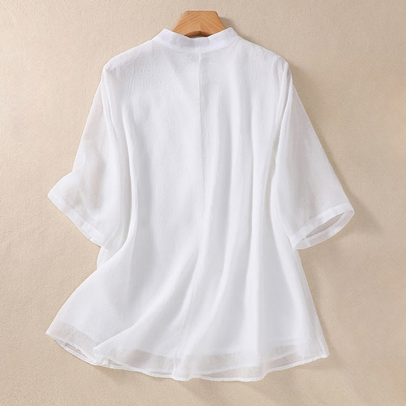 Buddha Stones刺繍植物花半袖無地フロッグボタンスタンドカラーレディースシャツ - image 11