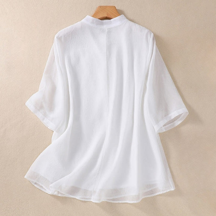 Buddha Stones刺繍植物花半袖無地フロッグボタンスタンドカラーレディースシャツ - image 11