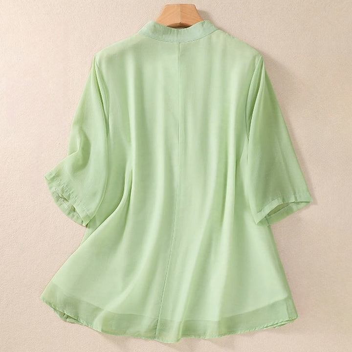 Buddha Stones刺繍植物花半袖無地フロッグボタンスタンドカラーレディースシャツ - image 1