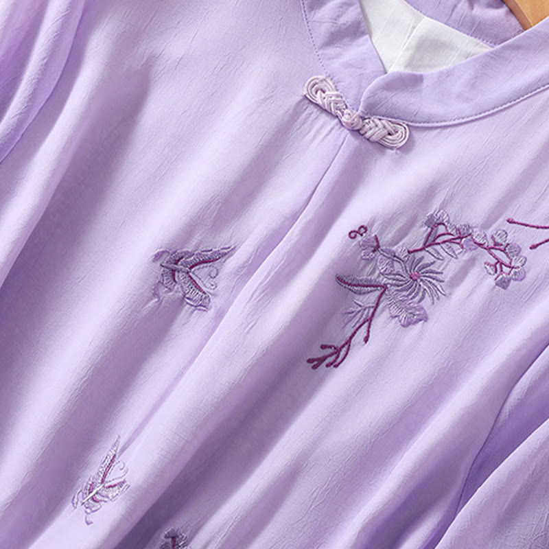 Buddha Stones刺繍植物花半袖無地フロッグボタンスタンドカラーレディースシャツ - image 22