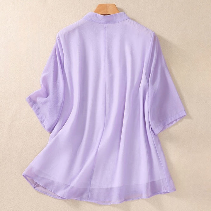 Buddha Stones刺繍植物花半袖無地フロッグボタンスタンドカラーレディースシャツ - image 20