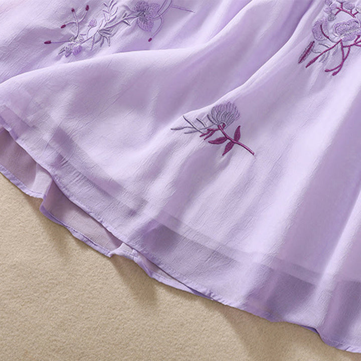 Buddha Stones刺繍植物花半袖無地フロッグボタンスタンドカラーレディースシャツ - image 25