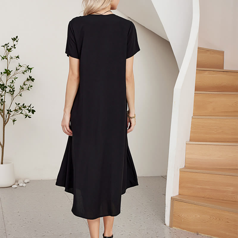 Buddha Stonesブラック サマー カジュアル ボヘミアン 刺繍 幾何学模様 半袖 Vネック コットン ミディドレス - image 2