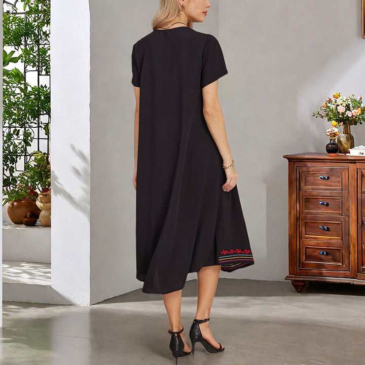 Buddha Stonesブラック サマー カジュアル ボヘミアン 刺繍 幾何学模様 半袖 Vネック コットン ミディドレス - image 6