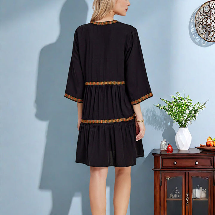 Buddha Stonesブラック ゆったり ボヘミアン 刺繍 花柄 幾何学模様 七分袖 コットン ミディドレス - image 3