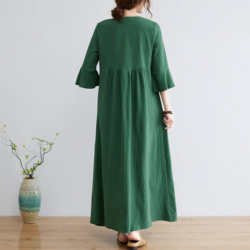 Buddha Stonesゆったり 無地 エスニック 刺繍 花柄 七分袖 コットン リネン マキシワンピース - image 17