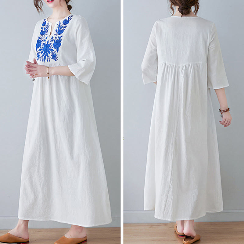 Buddha Stonesカジュアル ボヘミア 刺繍 花柄 シンプルデザイン 七分袖 Vネック コットンリネン マキシドレス - image 11