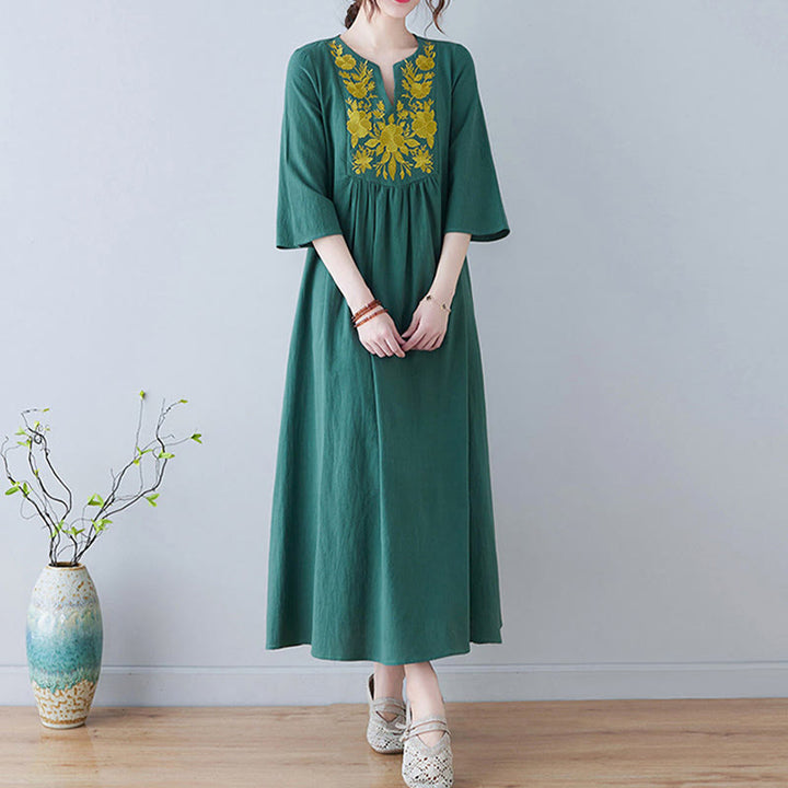 Buddha Stonesカジュアル ボヘミア 刺繍 花柄 シンプルデザイン 七分袖 Vネック コットンリネン マキシドレス - image 19