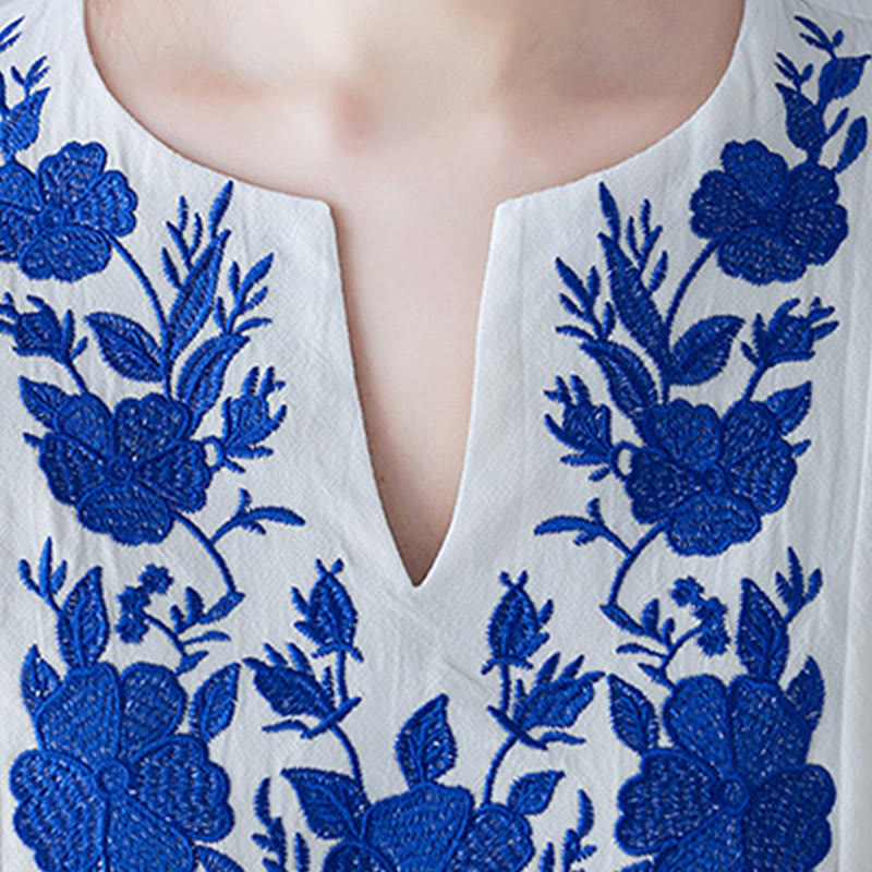 Buddha Stonesカジュアル ボヘミア 刺繍 花柄 シンプルデザイン 七分袖 Vネック コットンリネン マキシドレス - image 8