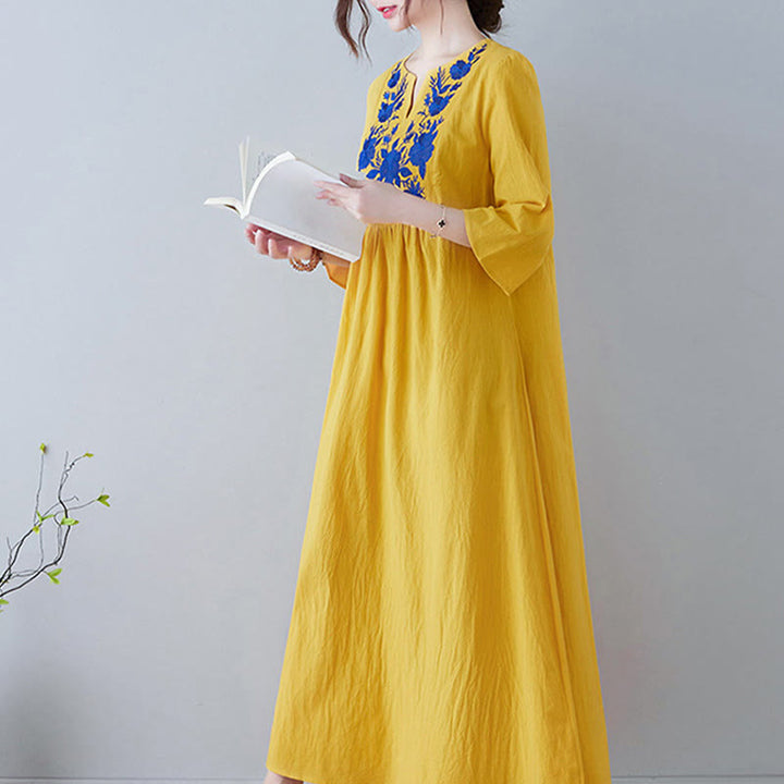Buddha Stonesカジュアル ボヘミア 刺繍 花柄 シンプルデザイン 七分袖 Vネック コットンリネン マキシドレス - image 3