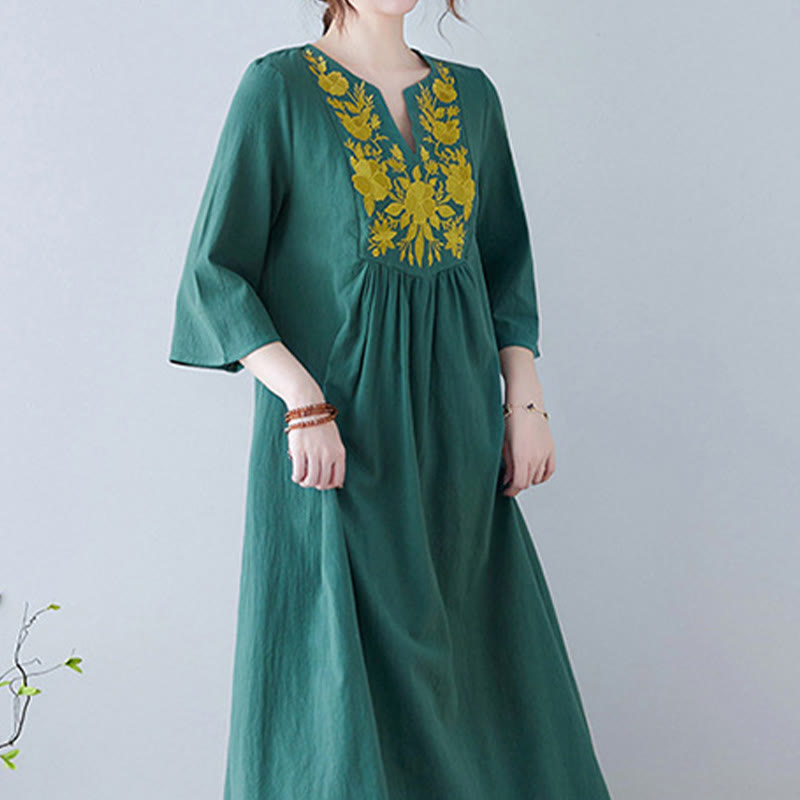Buddha Stonesカジュアル ボヘミア 刺繍 花柄 シンプルデザイン 七分袖 Vネック コットンリネン マキシドレス - image 21