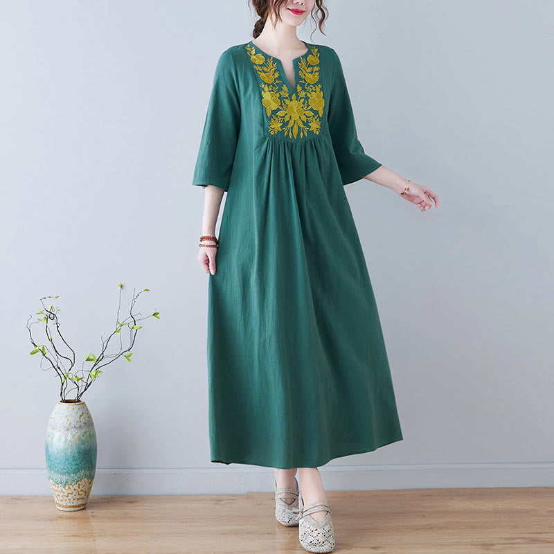 Buddha Stonesカジュアル ボヘミア 刺繍 花柄 シンプルデザイン 七分袖 Vネック コットンリネン マキシドレス - 緑 - US8-10，UK/AU12-14，EU40-42 (2XL) - image 18