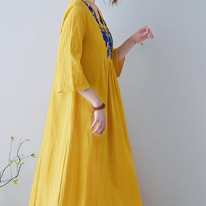 Buddha Stonesカジュアル ボヘミア 刺繍 花柄 シンプルデザイン 七分袖 Vネック コットンリネン マキシドレス - image 4