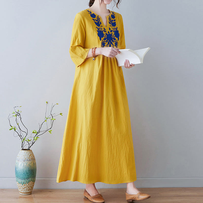 Buddha Stonesカジュアル ボヘミア 刺繍 花柄 シンプルデザイン 七分袖 Vネック コットンリネン マキシドレス - image 2