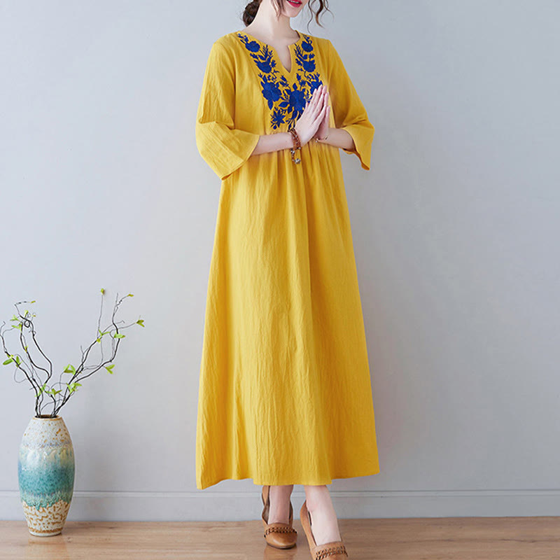 Buddha Stonesカジュアル ボヘミア 刺繍 花柄 シンプルデザイン 七分袖 Vネック コットンリネン マキシドレス - image 1