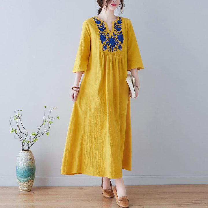 Buddha Stonesカジュアル ボヘミア 刺繍 花柄 シンプルデザイン 七分袖 Vネック コットンリネン マキシドレス - 金 - US8-10，UK/AU12-14，EU40-42 (2XL) - image 0