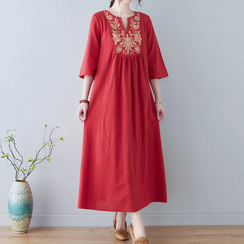 Buddha Stonesカジュアル ボヘミア 刺繍 花柄 シンプルデザイン 七分袖 Vネック コットンリネン マキシドレス - image 15