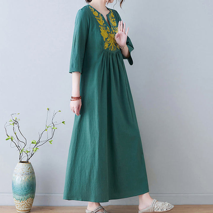 Buddha Stonesカジュアル ボヘミア 刺繍 花柄 シンプルデザイン 七分袖 Vネック コットンリネン マキシドレス - image 20