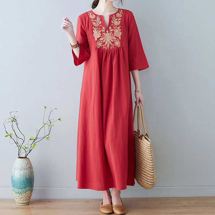 Buddha Stonesカジュアル ボヘミア 刺繍 花柄 シンプルデザイン 七分袖 Vネック コットンリネン マキシドレス - image 14