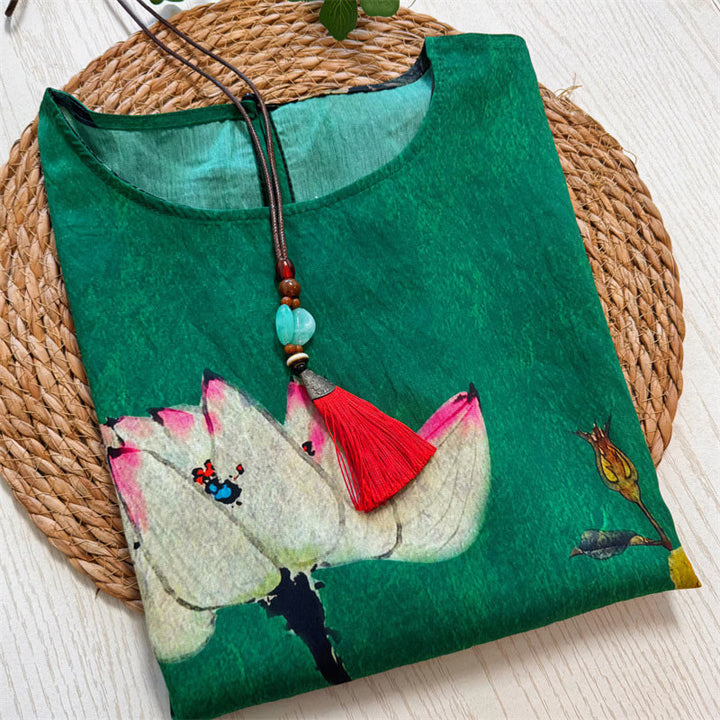 Buddha Stonesカジュアルルーズプリント蓮牡丹花レディースクルーネックデザイン半袖ポリエステルTシャツ