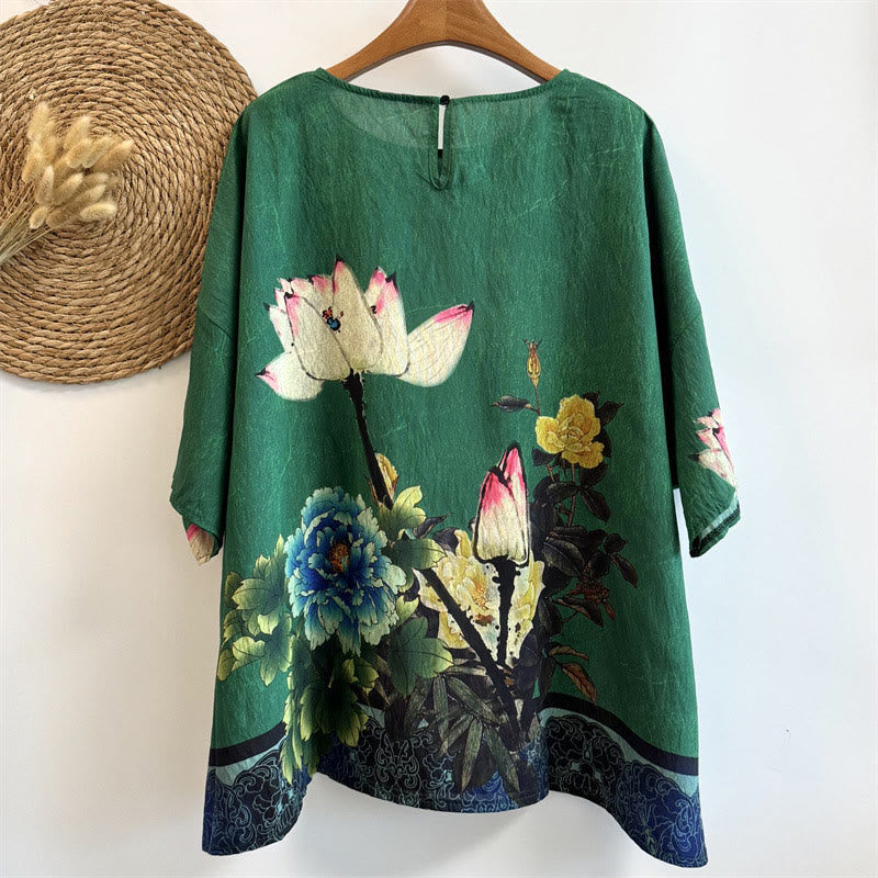 Buddha Stonesカジュアルルーズプリント蓮牡丹花レディースクルーネックデザイン半袖ポリエステルTシャツ