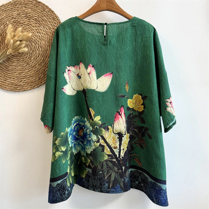 Buddha Stonesカジュアルルーズプリント蓮牡丹花レディースクルーネックデザイン半袖ポリエステルTシャツ
