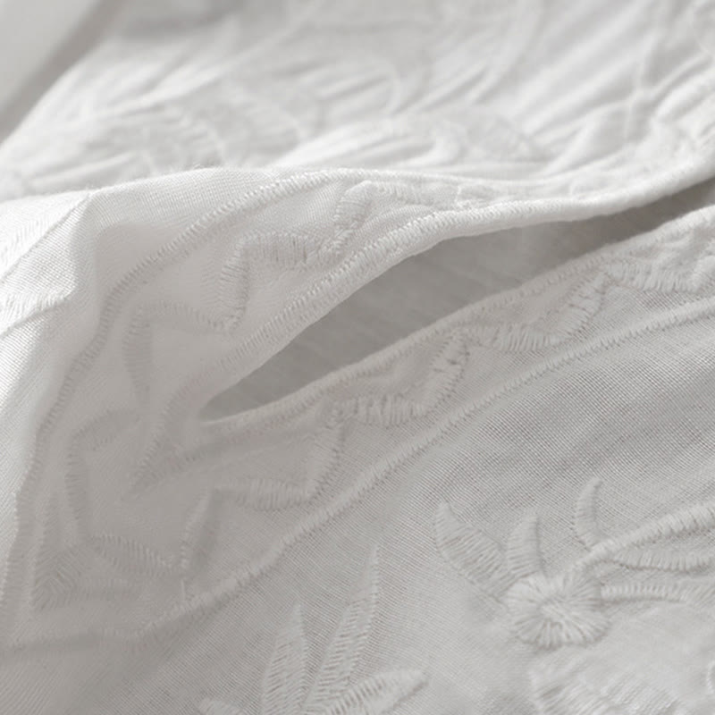 Buddha Stones夏 ホワイト ピュアカラー 刺繍 リーフ フラワー Vネック 半袖 ミディドレス ポケット付き - image 7