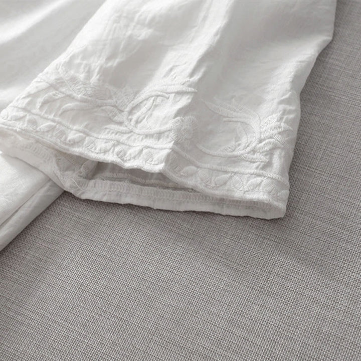 Buddha Stones夏 ホワイト ピュアカラー 刺繍 リーフ フラワー Vネック 半袖 ミディドレス ポケット付き - image 10