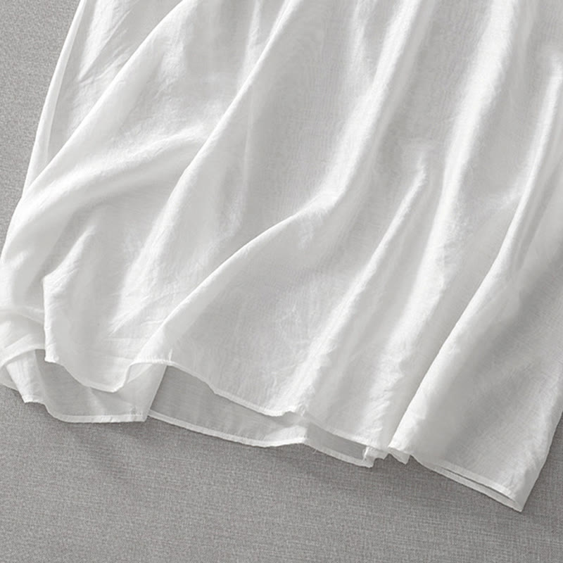 Buddha Stones夏 ホワイト ピュアカラー 刺繍 リーフ フラワー Vネック 半袖 ミディドレス ポケット付き - image 11