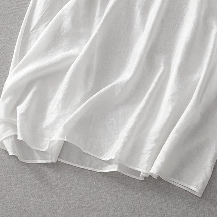 Buddha Stones夏 ホワイト ピュアカラー 刺繍 リーフ フラワー Vネック 半袖 ミディドレス ポケット付き - image 11