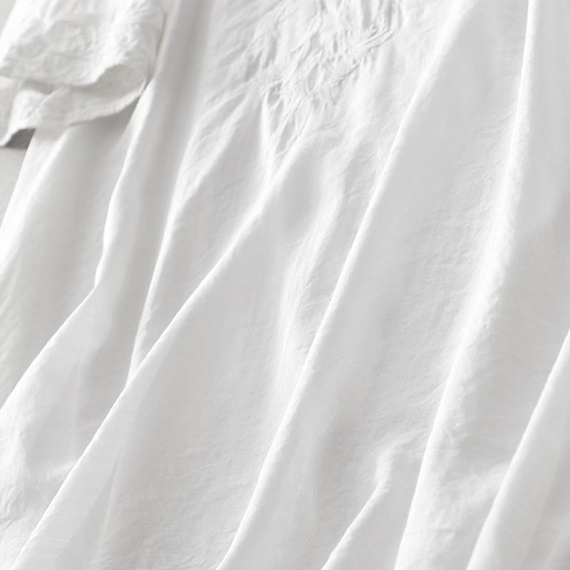 Buddha Stones夏 ホワイト ピュアカラー 刺繍 リーフ フラワー Vネック 半袖 ミディドレス ポケット付き - image 6