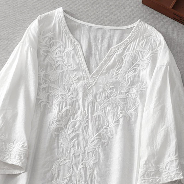 Buddha Stones夏 ホワイト ピュアカラー 刺繍 リーフ フラワー Vネック 半袖 ミディドレス ポケット付き - image 3