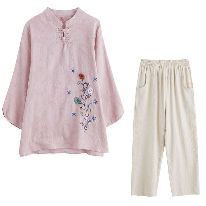 Buddha Stonesヴィンテージ サマー 立体花刺繍 七分袖 フロッグボタン コットンリネン レディース シャツ - image 16