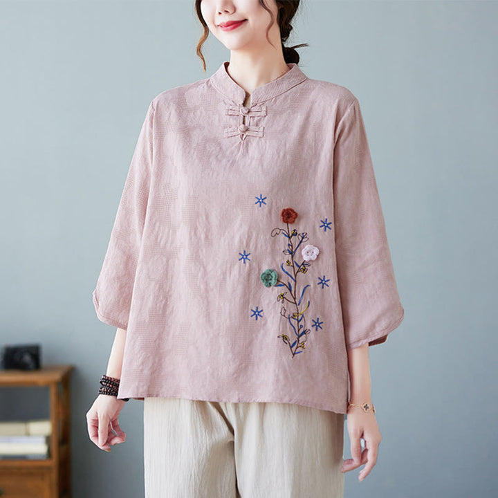 Buddha Stonesヴィンテージ サマー 立体花刺繍 七分袖 フロッグボタン コットンリネン レディース シャツ - image 6