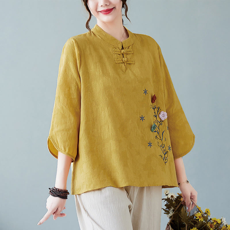Buddha Stonesヴィンテージ サマー 立体花刺繍 七分袖 フロッグボタン コットンリネン レディース シャツ - ゴールデンロッド - US12、 UK/AU16、 EU44 (3XL) - image 0