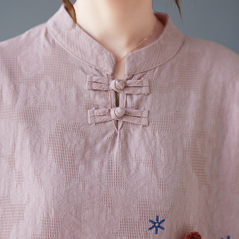 Buddha Stonesヴィンテージ サマー 立体花刺繍 七分袖 フロッグボタン コットンリネン レディース シャツ - image 9