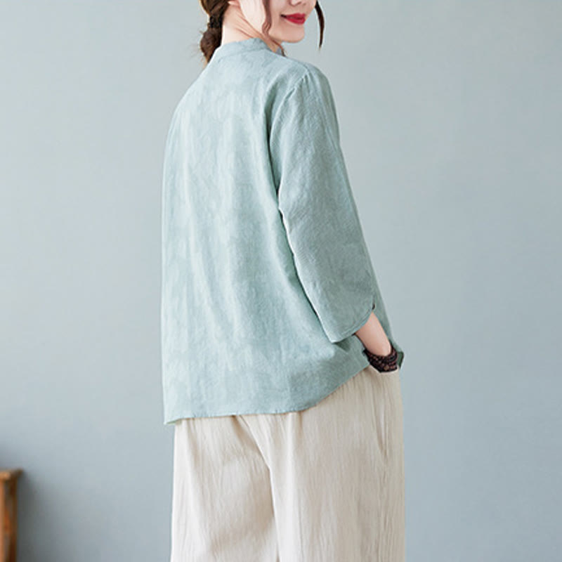 Buddha Stonesヴィンテージ サマー 立体花刺繍 七分袖 フロッグボタン コットンリネン レディース シャツ - image 21