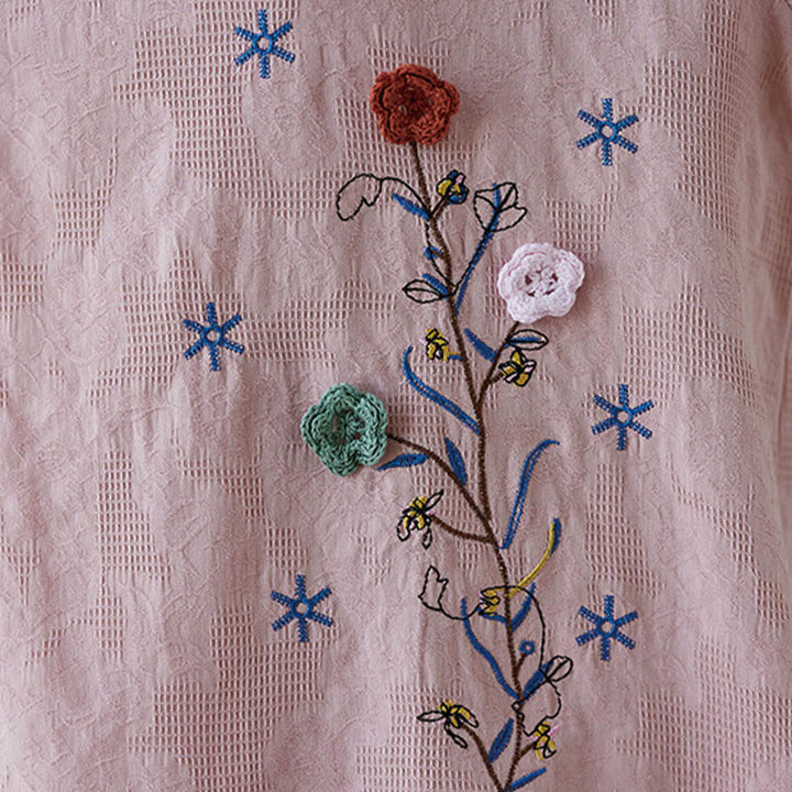 Buddha Stonesヴィンテージ サマー 立体花刺繍 七分袖 フロッグボタン コットンリネン レディース シャツ - image 13