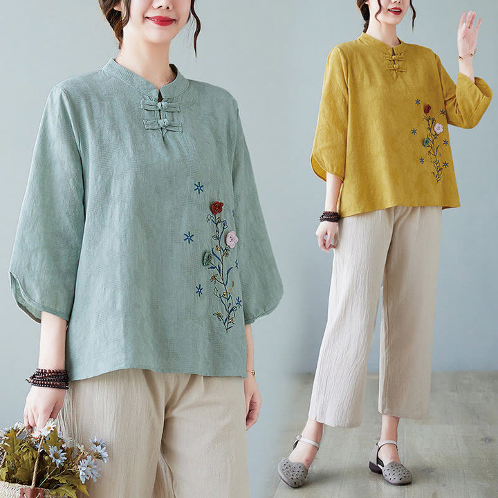 Buddha Stonesヴィンテージ サマー 立体花刺繍 七分袖 フロッグボタン コットンリネン レディース シャツ - image 4
