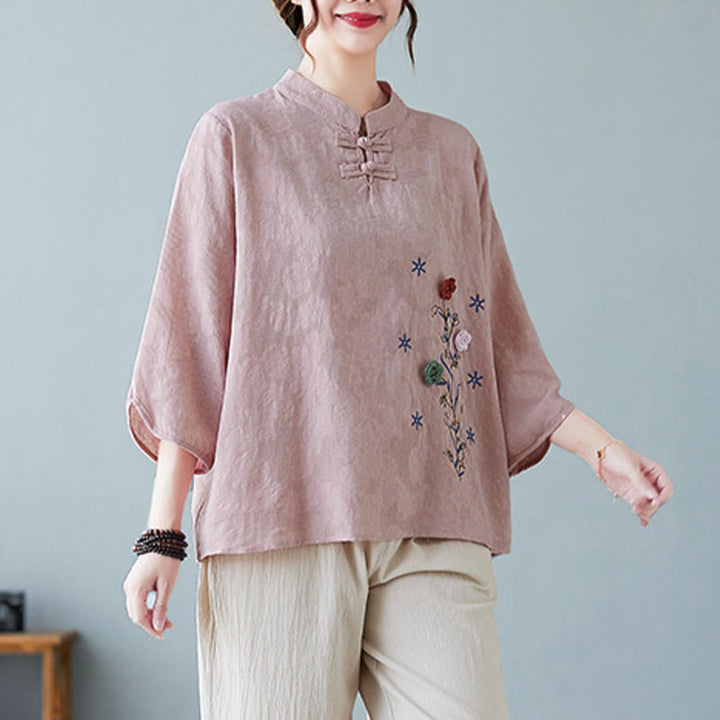 Buddha Stonesヴィンテージ サマー 立体花刺繍 七分袖 フロッグボタン コットンリネン レディース シャツ - image 7