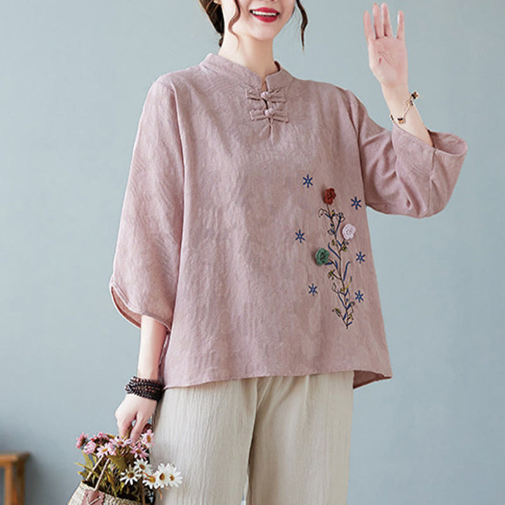 Buddha Stonesヴィンテージ サマー 立体花刺繍 七分袖 フロッグボタン コットンリネン レディース シャツ - image 8