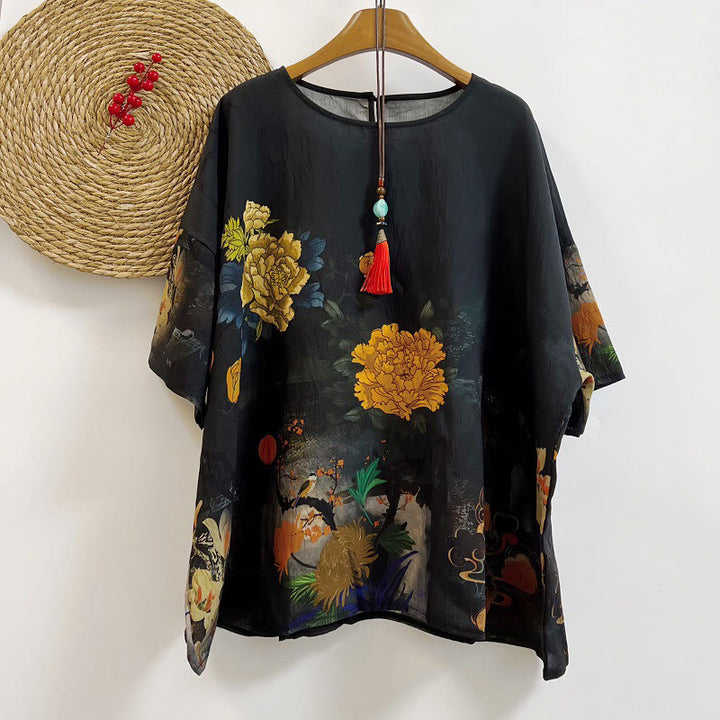 Buddha Stonesカジュアルプリント 吉兆雲 様々な花びら レディース クルーネックデザイン 半袖 ポリエステル Tシャツ